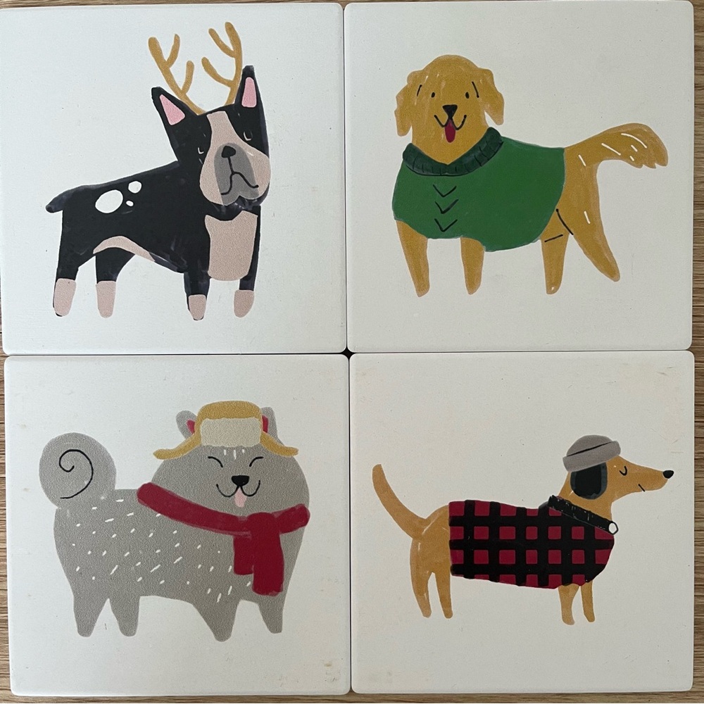 Danica Jubilee coasters dog ceramic Christmas winter holiday set of 4 with box